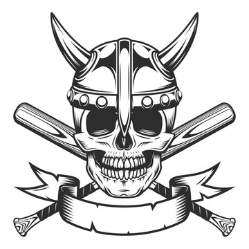Viking skull in horned helmet and ribbon with baseball bat club emblem design elements template in vintage monochrome style isolated vector illustration