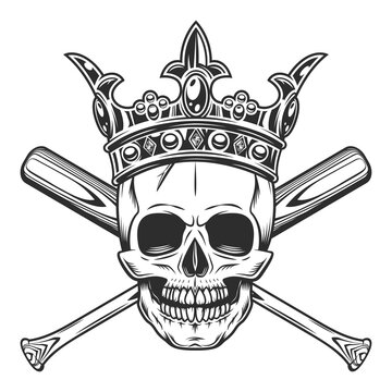 Skull in crown with baseball bat club emblem design elements template in vintage monochrome style isolated vector illustration