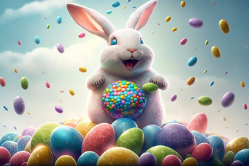 Obraz na płótnie Canvas Happy cute bunny with colorful Easter eggs, generative ai