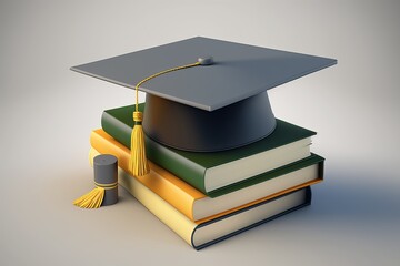 books and black graduation cap on gray background table