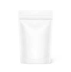 High realistic clean stand up pouch bag mockup. Vector illustration isolated on white background. Front view. Can be use for template your design, presentation, promo, ad. EPS10.	