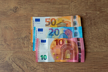 Euro money lying on the table banknotes. 