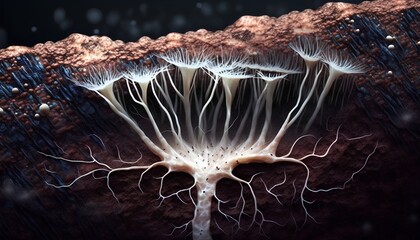 This image shows a close-up view of mycelium, the thread-like vegetative part of a fungus. Generative AI - obrazy, fototapety, plakaty