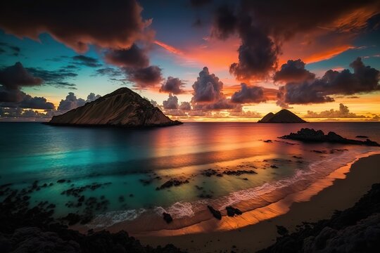 Pre-dawn view of the Moku islands at Lanikai Beach, Oahu, Hawaii stock photo Beach, Cloud - Sky, Coastline, Color Image, Dawn, AI generated