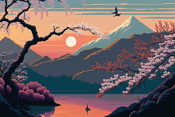 Japanese cherry blossom tree in beautiful landscape