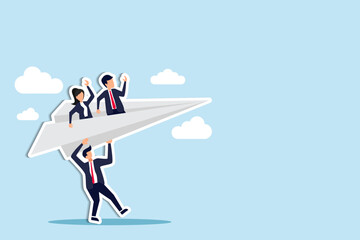 Mentor or support employee to success, manager to help or advice staff to reach goal, work coaching or adviser expert concept, businessman manager launching paper plane origami with team colleagues.  