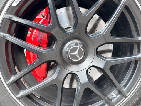 Yerevan, Armenia, March 6, 2023: Mercedes-Benz G 63 AMG 2023 V8 Biturbo exterior details. Tyre and alloy wheel. Modern brakes. Car exterior details