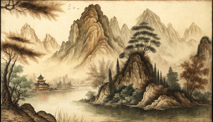 China painting, mountains, lake, and trees