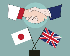 Hands shaken together with Japan and United Kingdom flags crossed sign design. Concept of two countries friendship.