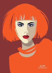art portrait of beautiful young woman makeup face; fashion flat isolated vector; glamour girl model; illustration; red short hairstyle for the evening, wedding