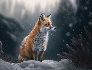 The fox in the snow wild. Generative AI.