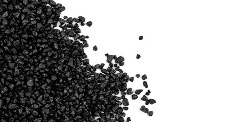 black gravel stone on isolated  white background. black pebbles with copy space. Gray small rocks...