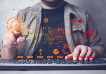 Finger pressing an interface with the digital transformation. Concept of digitization of business processes. The adoption of technology in business in the digital age, enhances global business capabil