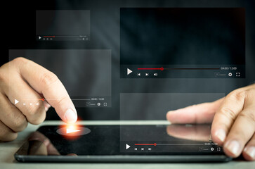 Man watching a live stream by tablet. Online live stream window. Video streaming on internet...