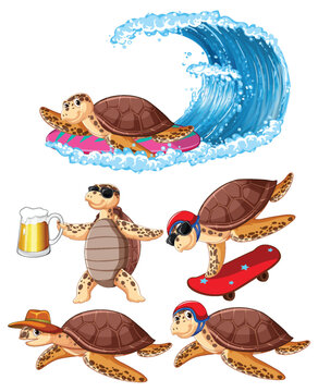 Sea Turtle Cartoon Characters in Summer Theme