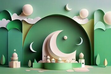 ramadan islamic decoration with moon and star and mosque and lantern lampion ornament element, Generative AI