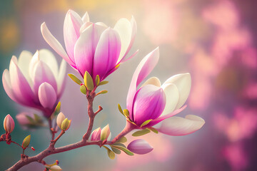 Fototapeta na wymiar Closeup of blooming magnolia tree in spring on pastel bokeh background. Generative Ai