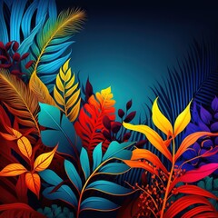 Fototapeta na wymiar Beautiful colorful tropical leaves on dark background. Abstract background or wallpaper Generative AI.