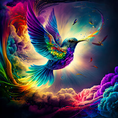 Generative AI illustration of an abstract mysterious colorful bird in the vibrant colored clouds and creative lighting