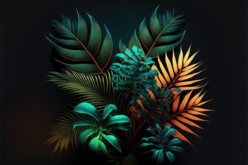 Beautiful colorful tropical leaves on dark background. Abstract background or wallpaper Generative AI.