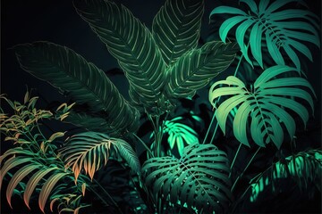 Naklejka na ściany i meble Beautiful colorful tropical leaves on dark background. Abstract background or wallpaper Generative AI.