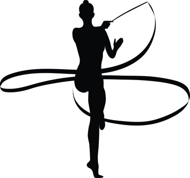 recommend clip art: black silhouette girl gymnast with ribbon rhythmic gymnastics, outline on white background, vector illustration