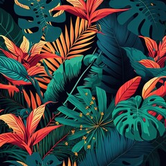 Beautiful colorful tropical leaves on dark background. Abstract background or wallpaper Generative AI.