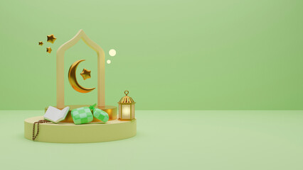 3d islamic ramadhan celebration on green with ketupat, quran, lantern, star and moon, copy space text area