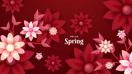 Beautiful red spring floral background template. Paper style spring background vector