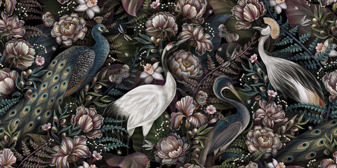 Royal birds, crane, peacock, heron. Luxury wallpaper, mural. Tropical seamless pattern, vintage background, 3d art, texture. Aesthetic garden flowers, peony, tulip, iris, narcissus, olive, fern leaves - 578585597