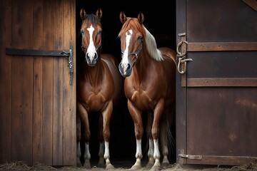 Purebred anglo-arabian chestnut horses standing at the barn door, AI generated