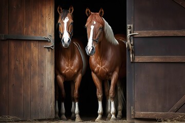 Obraz premium Purebred anglo-arabian chestnut horses standing at the barn door, AI generated