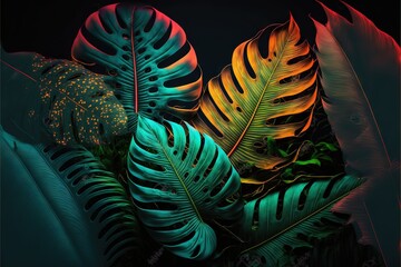 Beautiful colorful tropical leaves on dark background. Abstract background or wallpaper Generative AI.