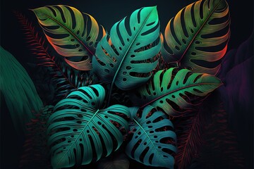 Fototapeta na wymiar Beautiful colorful tropical leaves on dark background. Abstract background or wallpaper Generative AI.
