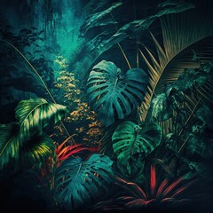 Beautiful colorful tropical leaves on dark background. Abstract background or wallpaper Generative AI.
