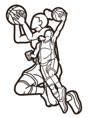 Group of Basketball Female Players Action Cartoon Sport Graphic Vector