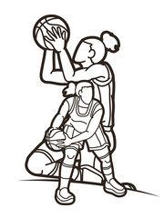 Group of Basketball Female Players Action Cartoon Sport Graphic Vector