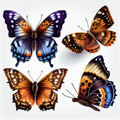 A collection of colorful butterflies isolated on white background. Generative AI
