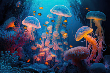 Fototapeta na wymiar glowing sea jellyfishes with tropical fishes in coral reef, generative AI