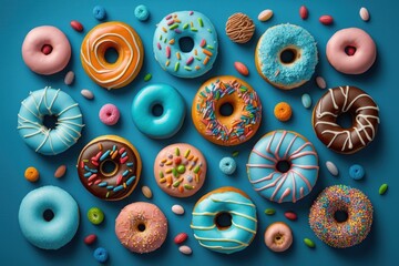 Donuts of different colors on a colorful background. Generative AI