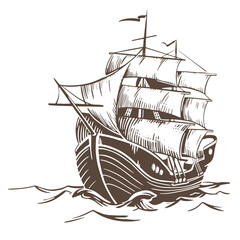 Ship sketch. A sailboat sails on the waves with raised sails. Vector illustration in engraving style isolated on white background. Nautical vessel for design in retro style.