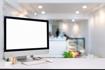 laptop monitor digital pc desk Mockup Blank screen computer desktop with keyboard in cafe & restaurant