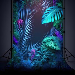 Fototapeta na wymiar Beautiful colorful tropical leaves with neon frame on dark background. Abstract background or wallpaper Generative AI.