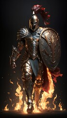 Fototapeta premium A Spartan Themed Knight Holding a Shield Walking Through Flames Generative AI