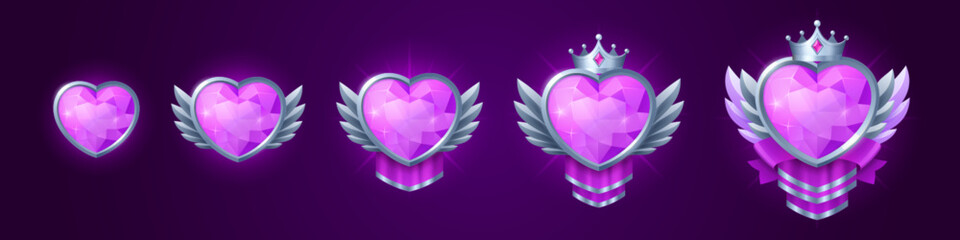 Game badges of heart shape gem in silver frame. Game icons, fantasy ranking medals with purple crystal, crown, wings and pennant, vector cartoon set isolated on background