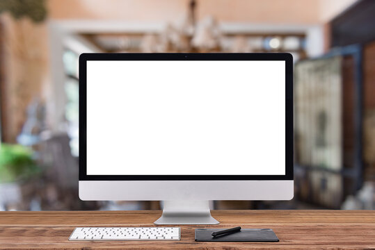 laptop monitor digital pc desk Mockup Blank screen computer desktop with keyboard in cafe & restaurant