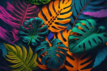 Beautiful colorful tropical leaves on dark background. Abstract background or wallpaper Generative AI.
