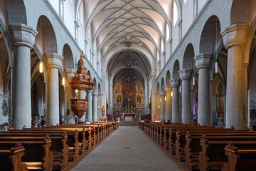 Konstanz, Germany. Interior of Konstanz Canthedral (Konstanz Minster of Our Lady). The first documental mention of a church was in 780. The present church building was founded in the 11th century. - 578586768