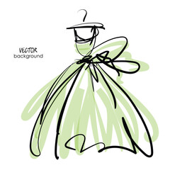 art sketching isolated vector drawing of bride dress for wedding; clear light green silk dress with full skirt and bow; freehand illustration, space for text, greeting card