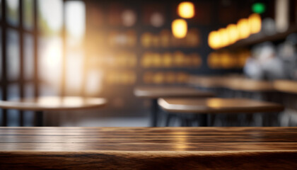 Obraz premium Wooden top table counter in cafe with bokeh light effect and blur restaurant on background, blur light background, abstract bokeh light effect